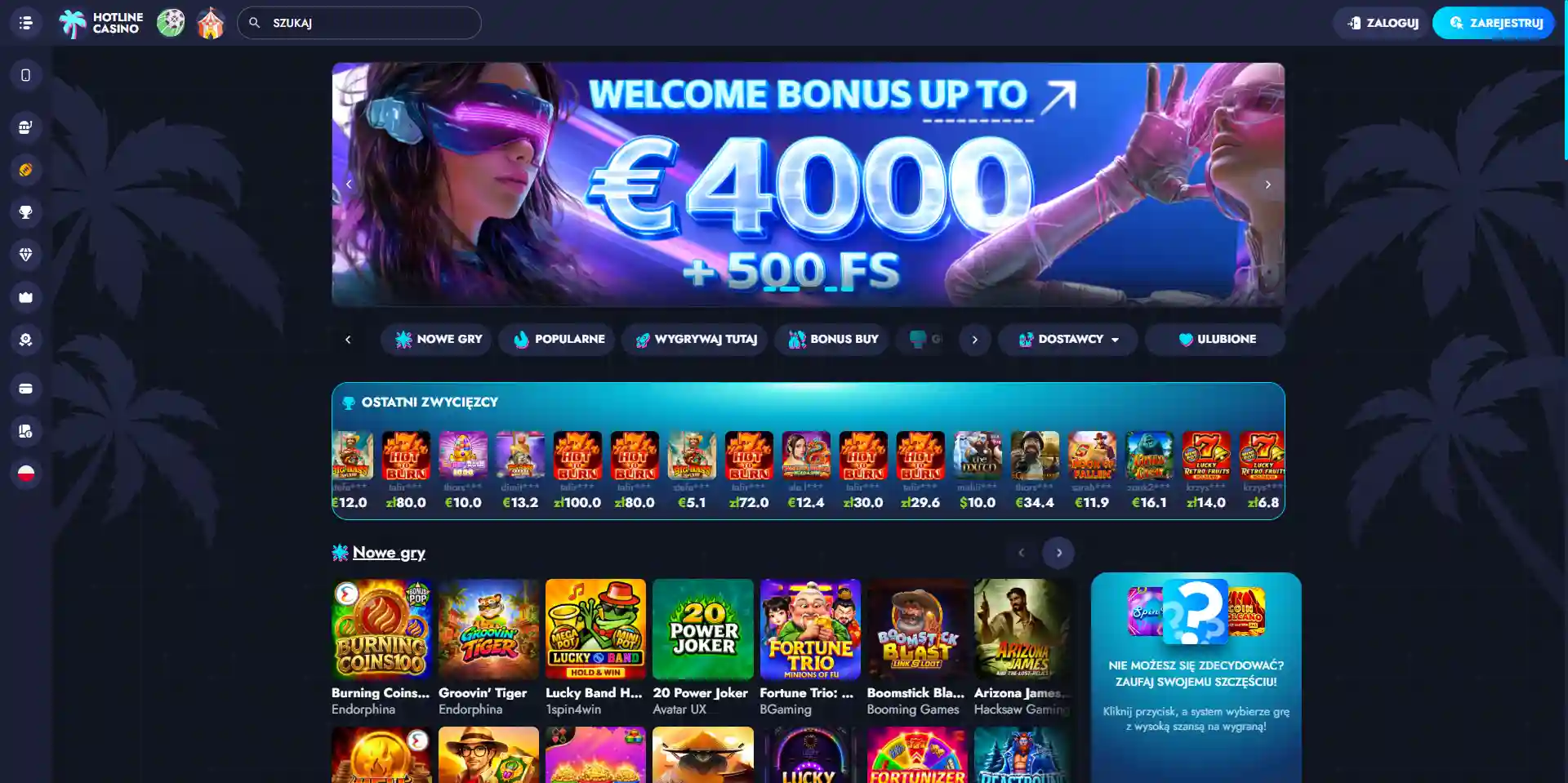 Polska wersja strony Hotline Casino z katalogiem gier