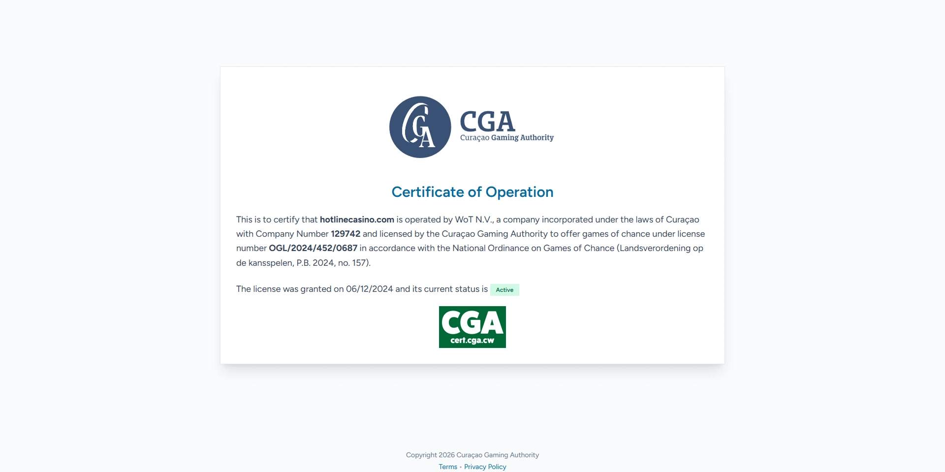 Certyfikat Curaçao Gaming Authority dla hotlinecasino.com